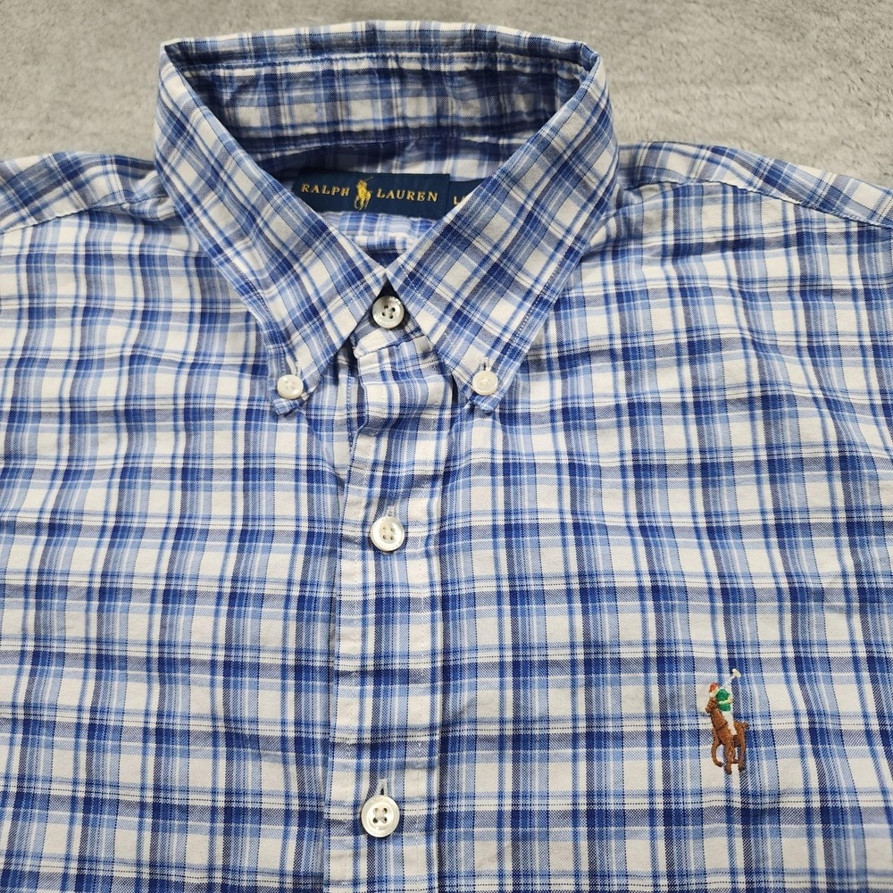 Ralph Lauren Shirt Mens Large Blue Plaid Long Sleeve Button Down Flesh Pony - Picture 4 of 10
